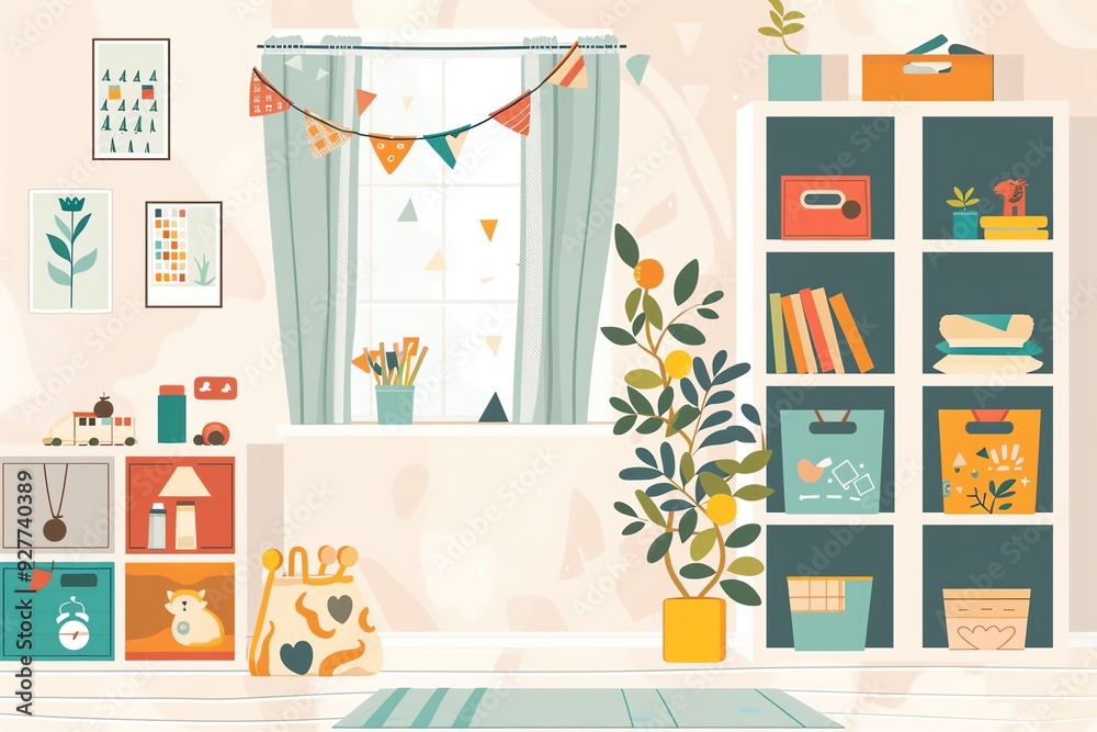 Comfortable kids decor, wall decals and storage bins, flat design illustration Comfortable kids decor, wall decals and storage bins, flat design illustration