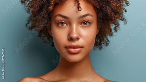 Radiant Beauty of Youth, an elegant young woman with flawless skin, her features softly highlighted by gentle curls cascading around her face, embodying grace and allure.