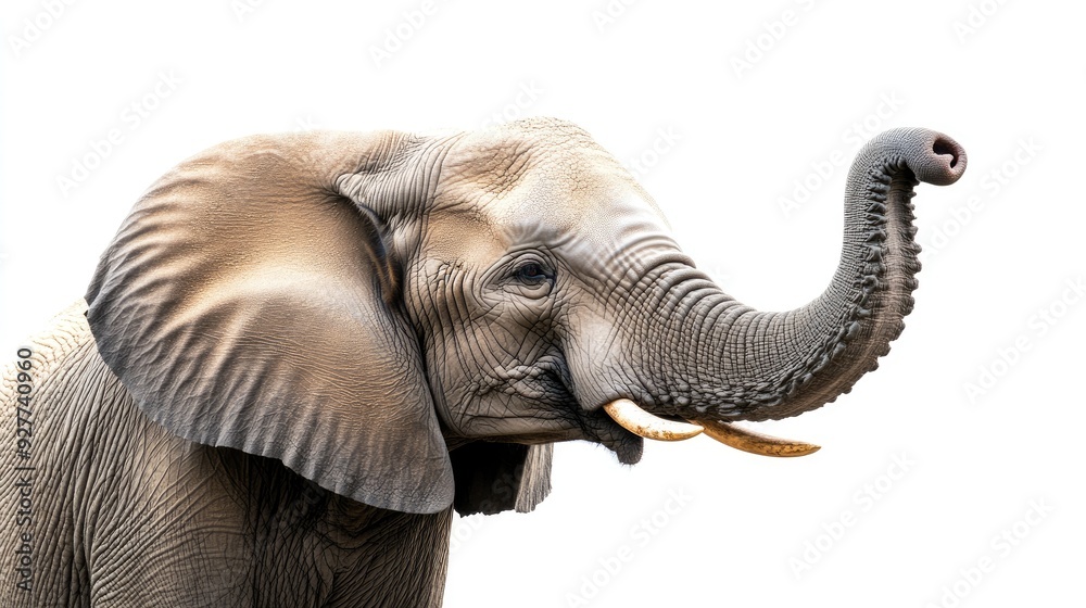 Obraz premium A close-up of an African elephant's head on a white background, with its trunk raised high as if smelling the air, emphasizing its intelligence