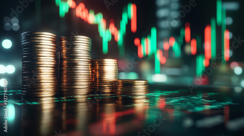 Tall stacks of golden coins gleaming against a vibrant digital stock market backdrop with fluctuating green and red graphs, representing the dynamic world of commodity trading