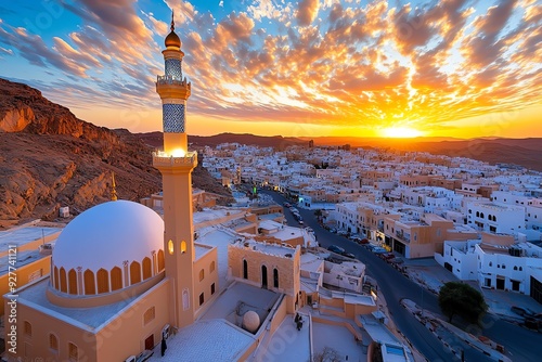 A mosque with a minaret stands against a vibrant sunset sky over a small, white-washed town. photo