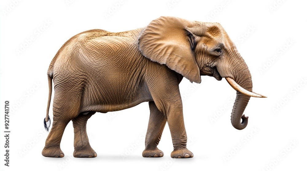 Fototapeta premium A majestic African elephant standing tall on a white background, with its trunk gently curled and tusks prominent, showcasing its strength and grace.