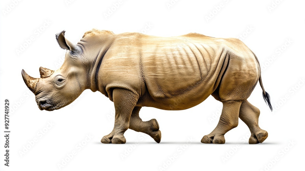 A rhinoceros mid-step on a white background, its muscular build and natural grace on display, ideal for wildlife-themed content. A rhinoceros mid-step on a white background, its muscular build and natural grace on display, ideal for wildlife-themed content.