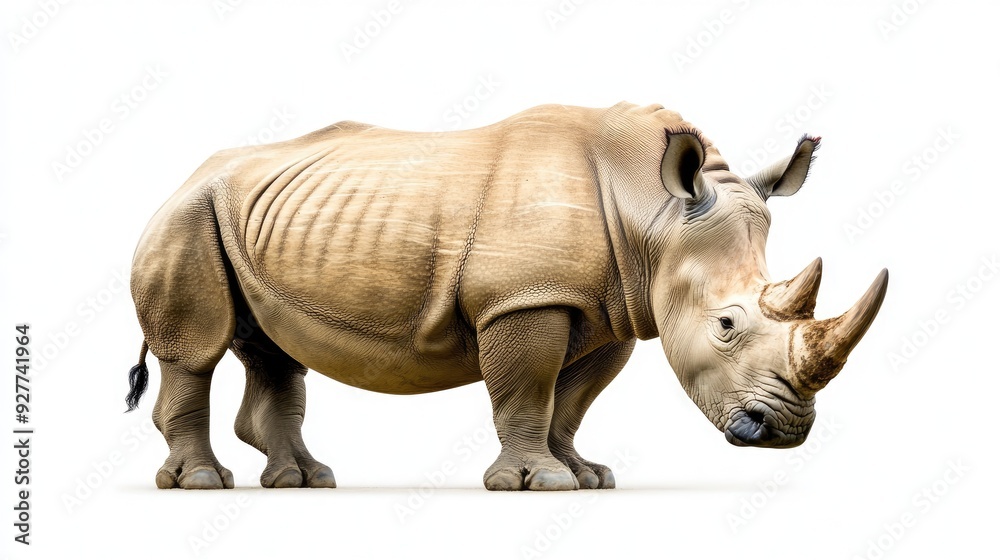 A rhinoceros with its head lowered, as if grazing, set against a clean white background, highlighting its gentle side. A rhinoceros with its head lowered, as if grazing, set against a clean white background, highlighting its gentle side.