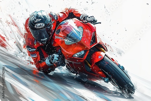 An illustration of a hand-drawn motorbike racer in full gear leaning into a sharp turn on a race track,   photo