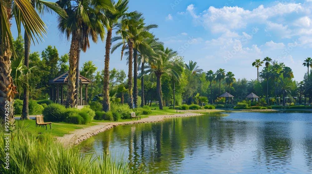 Oasissque with tall palm trees and green Oasissque with tall palm trees and green