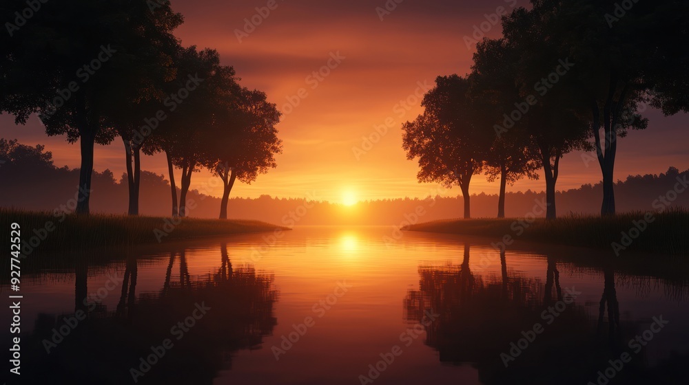 A serene sunset over a calm lake, framed by silhouettes of trees, creating a tranquil and picturesque landscape. A serene sunset over a calm lake, framed by silhouettes of trees, creating a tranquil and picturesque landscape.