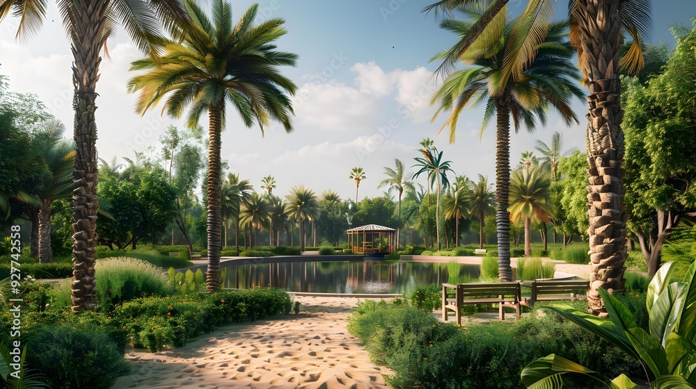 Obraz premium An idyllic oasis surrounded by tall palm trees picture