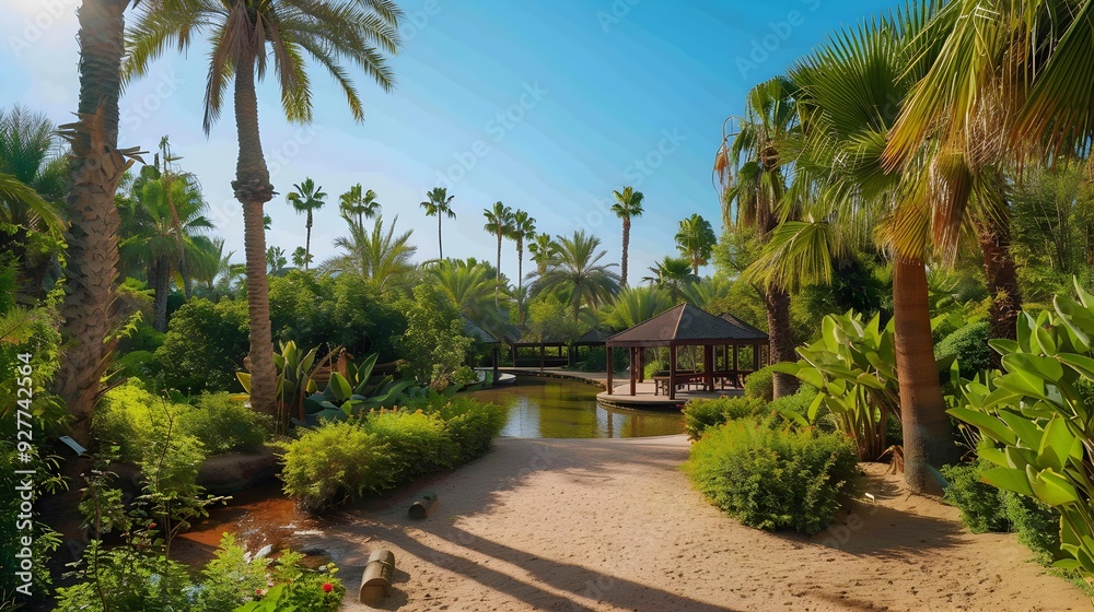 Fototapeta premium An idyllic oasis surrounded by tall palm trees img