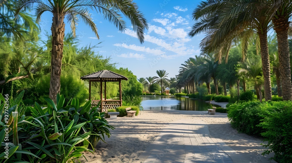 Fototapeta premium An idyllic oasis surrounded by tall palm trees