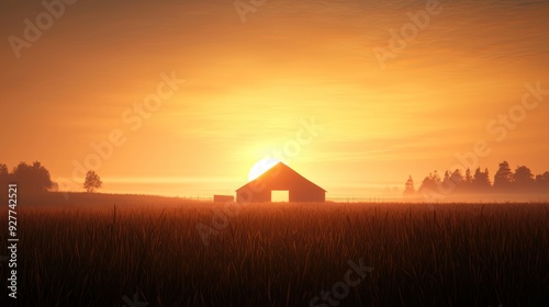 A serene sunset behind a rustic barn, casting golden hues over a tranquil field, creating a peaceful rural landscape.