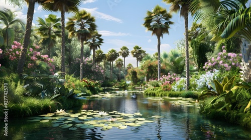 An idyllic oasis with dense palm groves image