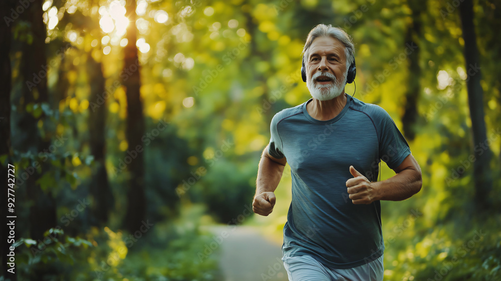 A senior man in his late sixties, wearing athletic gear and headphones, jogging along a park trail early in the morning. A senior man in his late sixties, wearing athletic gear and headphones, jogging along a park trail early in the morning.