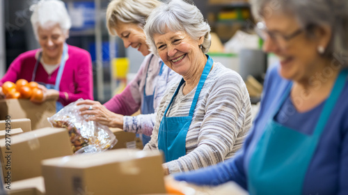 A group of senior women volunteering at a local food bank, packing boxes and sharing laughs.