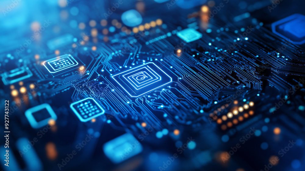 A digital blue circuit board surrounded by floating data icons on a blue bokeh background, representing AI-powered computing A digital blue circuit board surrounded by floating data icons on a blue bokeh background, representing AI-powered computing