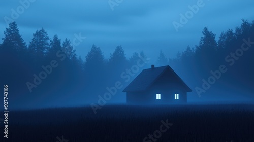 A tranquil scene of a solitary house illuminated by pale blue light amidst a misty forest, evoking a serene, mysterious atmosphere.