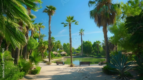 A tranquil oasis surrounded by tall palm trees img photo