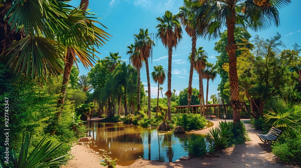 Obraz premium A quiet oasis surrounded by tall palm trees picture