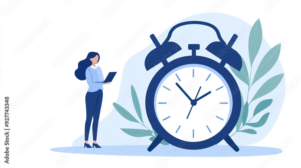 A woman stands beside a large alarm clock, representing time management and productivity in a modern, minimalistic design. A woman stands beside a large alarm clock, representing time management and productivity in a modern, minimalistic design.