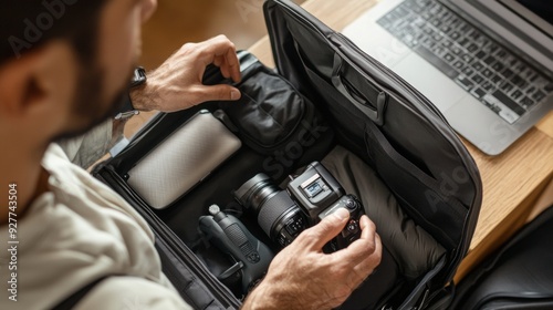 A man packs his adventure travel gear by packing his camera, laptop, portable charger, and electric toothbrush into his suitcase.