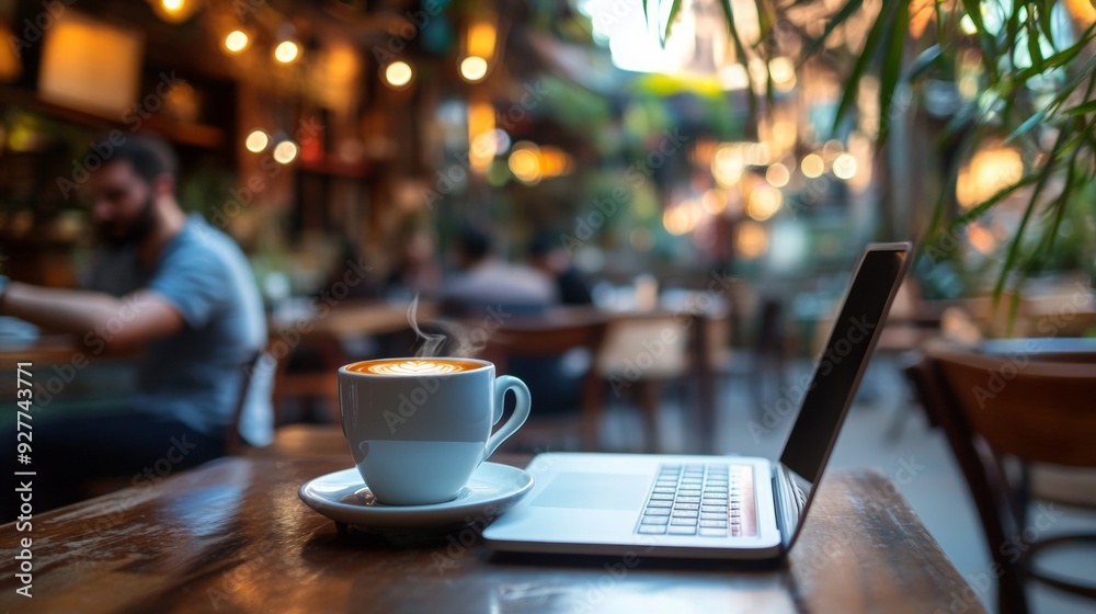 Laptop and a cup of coffee on the table in a cozy cafe.