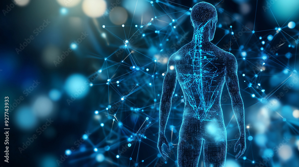 A digital blue holographic human figure with data nodes connected ...