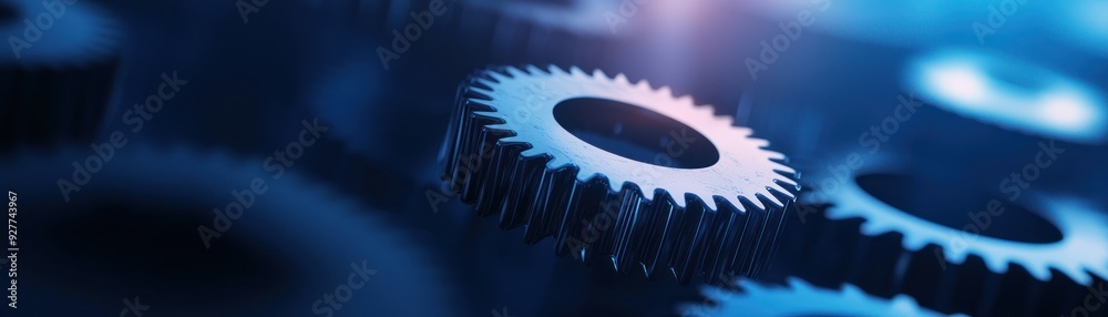 Close-up of metallic gears in a blue-lit environment, showcasing intricate details and technology themes for engineering projects.