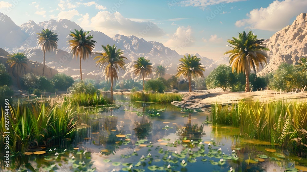 Obraz premium Beautiful oases surrounded by sandy landscapes represent unique image
