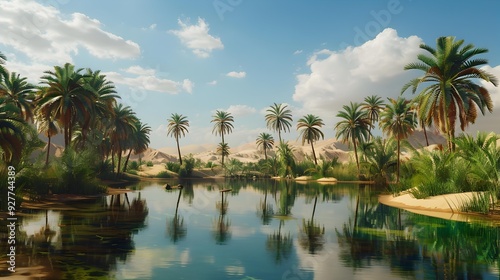 Beautiful oases surrounded by sandy landscapes represent unique picture