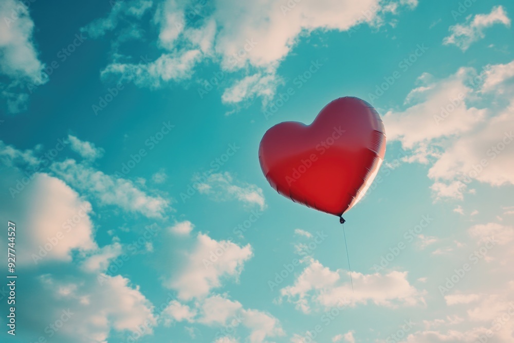 Red heart-shaped balloon in sky Red heart-shaped balloon in sky