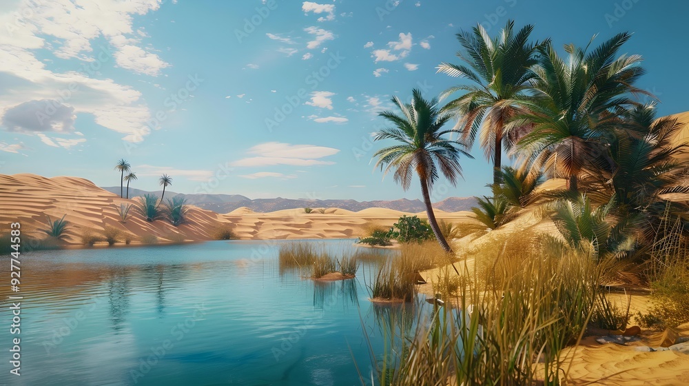 Obraz premium Green desert oases surrounded by sand dunes amaze