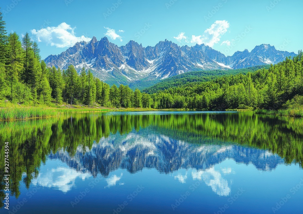 Majestic Mountain Range Reflected in Crystal Clear Lake Surrounded by Lush Green Forests Under a Bright Blue Sky Majestic Mountain Range Reflected in Crystal Clear Lake Surrounded by Lush Green Forests Under a Bright Blue Sky