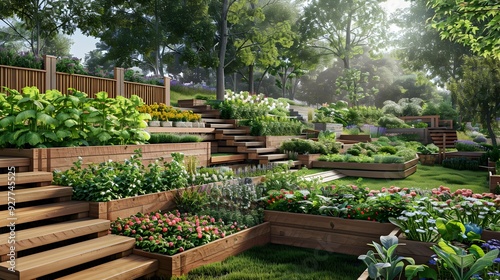 Terraced vegetable garden with beds at different