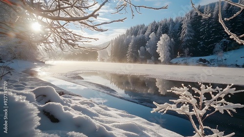 Lake frozen surrounded by snow-covered trees