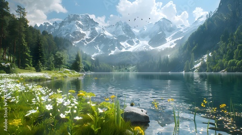 Lake crystal clear water surrounded by high snow-capped photo