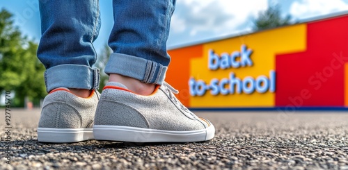 Close-up of feet with a backpack and school shoes standing on the asphalt near a colorful wall decorated for a back-to-school concept,