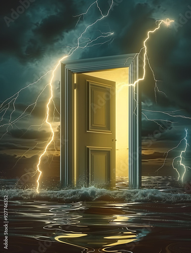 Mysterious Doorway in Stormy Ocean With Lightning Strikes photo