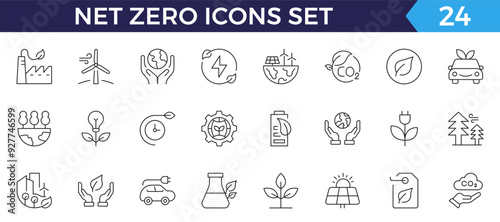 Net Zero line icons set. Net Zero outline icons with editable stroke collection. Includes Carbon footprint, CO2 neutral, net zero, Solar Energy, Wind Power, Renewable Energy and More.