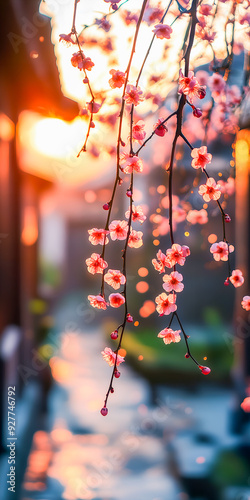 Fleurs de cerisier sur fond de soleil couchant photo