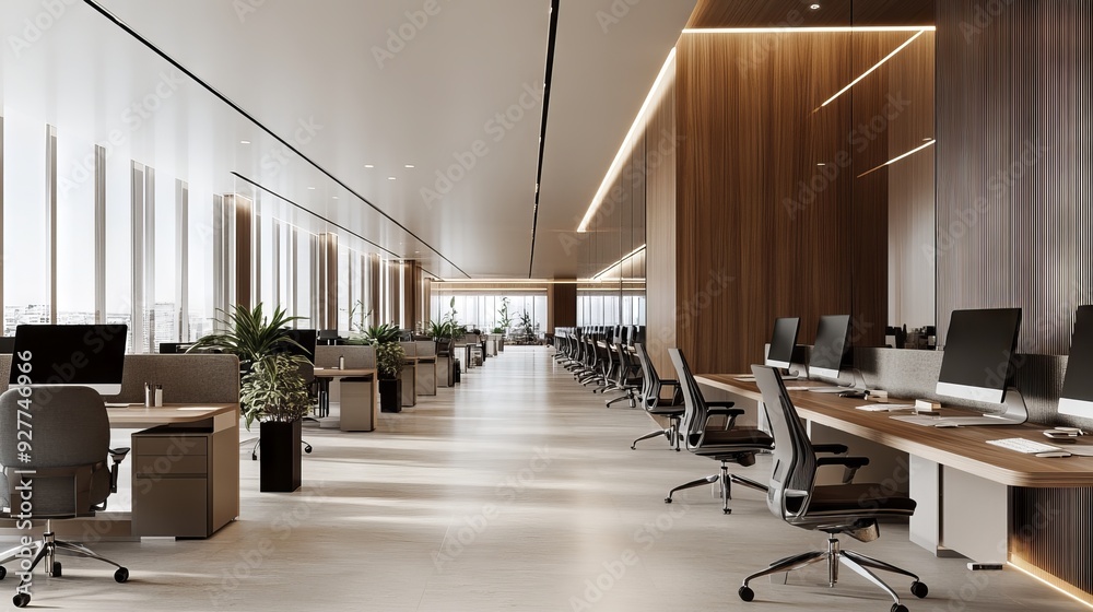 The modern open-plan office with a clean, organized layout. The workspace features rows of individual desks The modern open-plan office with a clean, organized layout. The workspace features rows of individual desks