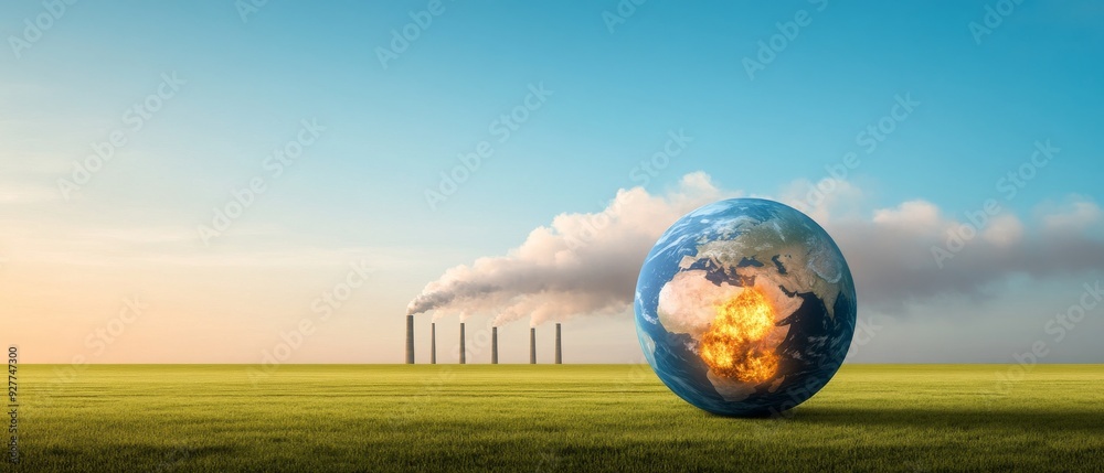 Half of the Earth is on fire, with dry grassland and desert in front of it. Behind, a green meadow. Half of the Earth is on fire, with dry grassland and desert in front of it. Behind, a green meadow.
