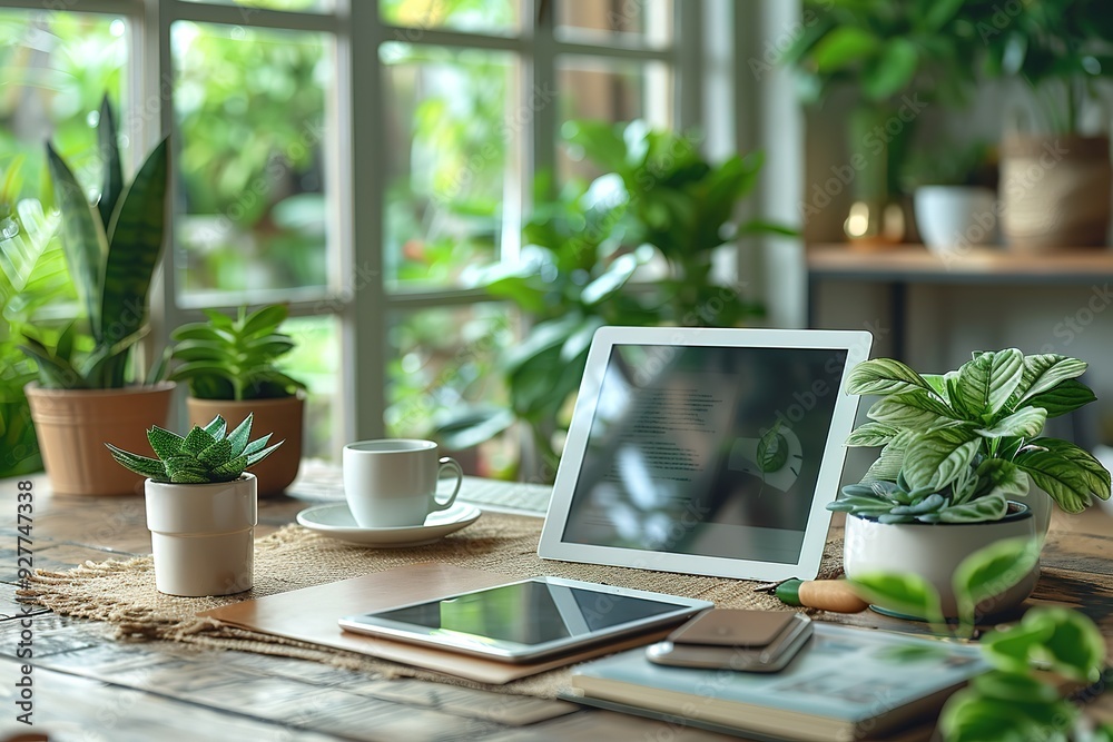 Modern office desk with a digital tablet and stylus pen , free space for text Modern office desk with a digital tablet and stylus pen , free space for text