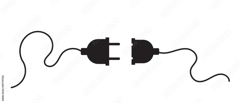 Electric socket with a plug in black color. Electric plug and outlet socket unplugged. Connection and disconnection concept with wire, cable. Vector on isolated white background. Electric socket with a plug in black color. Electric plug and outlet socket unplugged. Connection and disconnection concept with wire, cable. Vector on isolated white background.