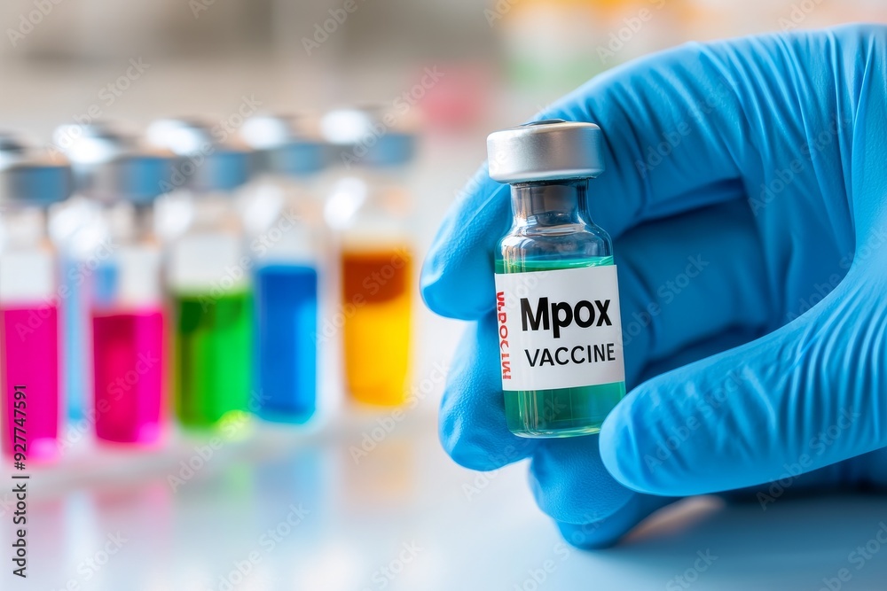 Hand in blue gloves holding a test tube with a yellow fluid and a label that reads 