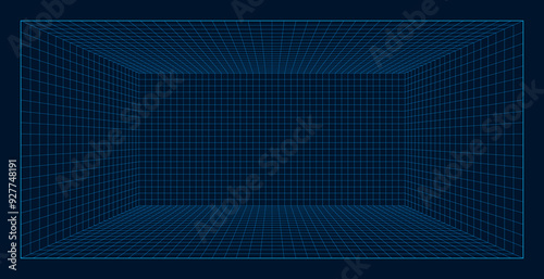 Empty futuristic digital box room. Wireframe grid template in perspective