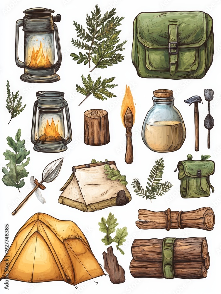 Camping Gear and Nature Elements Illustration