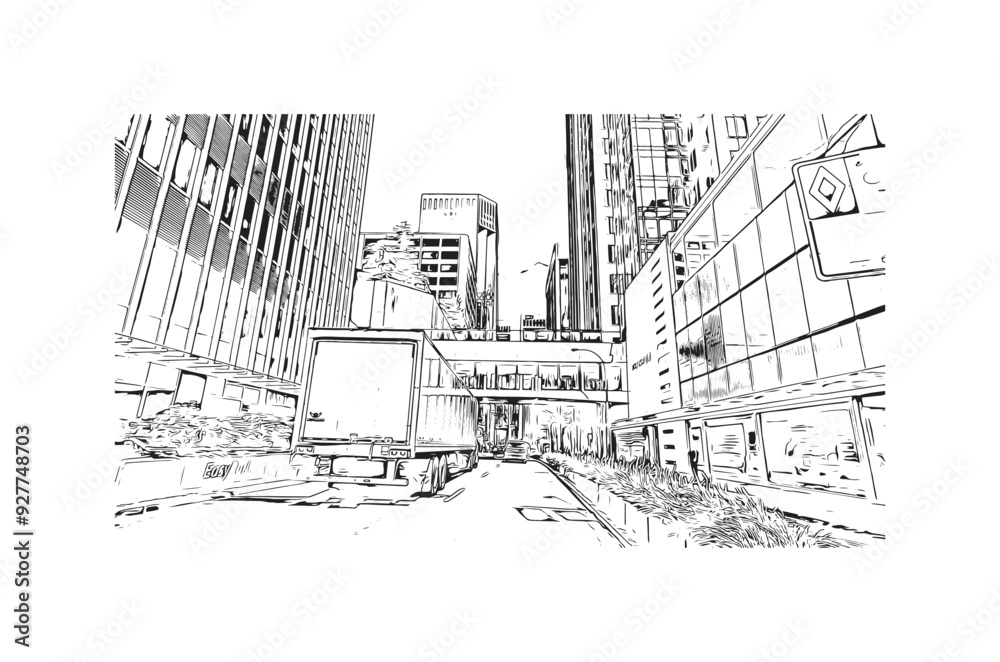 Obraz premium Print Building view with landmark of Stanley is the capital in Falkland. Hand drawn sketch illustration in vector.