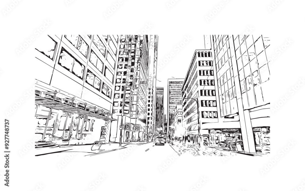 Obraz premium Print Building view with landmark of Stanley is the capital in Falkland. Hand drawn sketch illustration in vector.