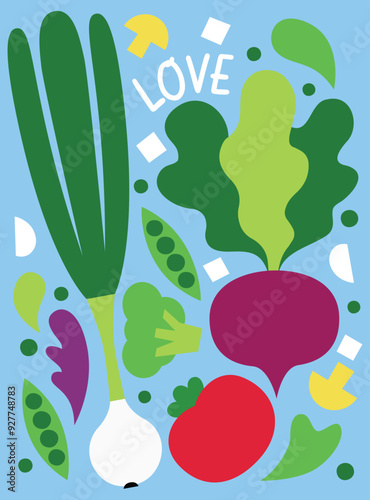 Vector modern illustration with vegetables and food: onions, leeks, beets, tomatoes, broccoli, green peas, garlic, feta cheese, mushrooms, lettuce leaves, greens.