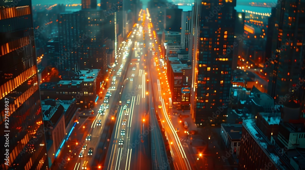 Obraz premium Evening panorama overlooking the brightly lit streets